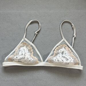 Victorias Secret sz S White Lace Mesh Scallop Bralette V-Neck Strappy Triangle